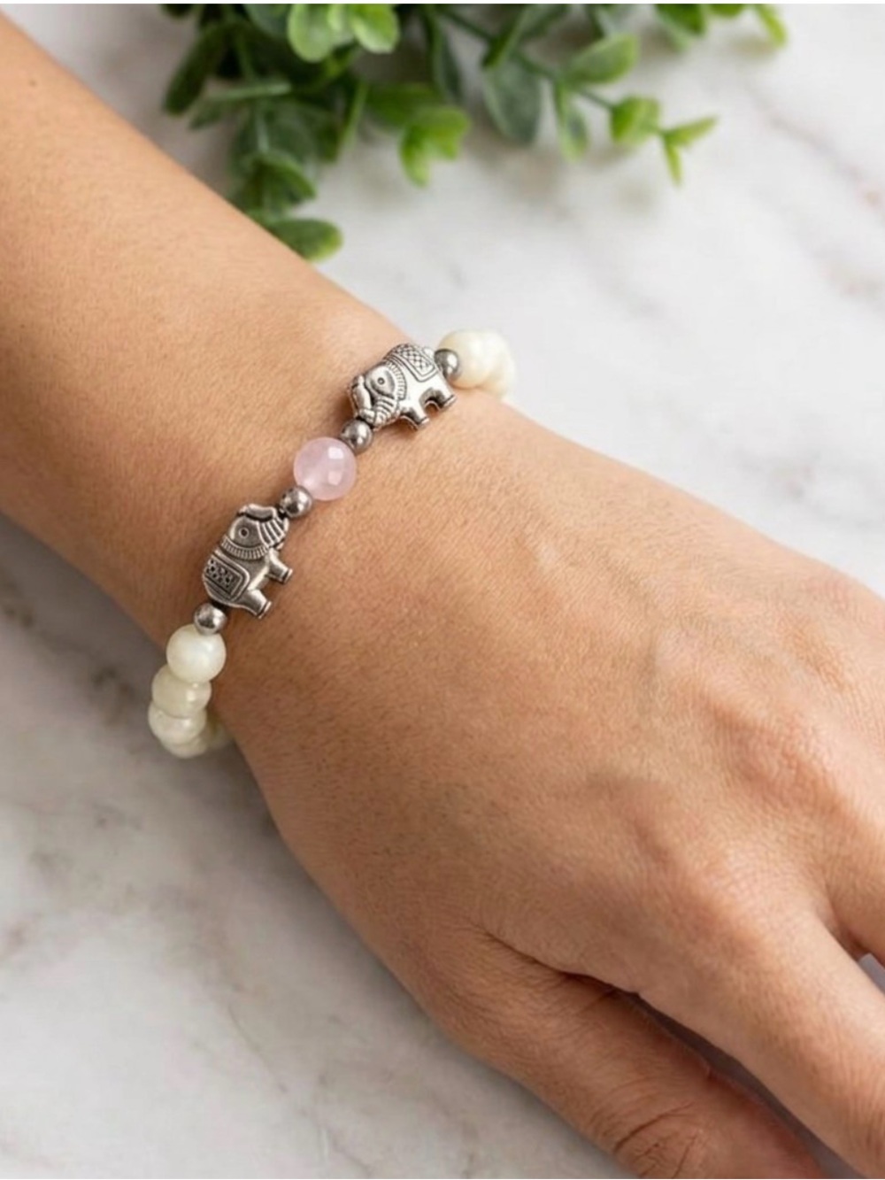Boho Elephant Beaded Stretch Bracelet Cream Silver Gemstone Good Luck